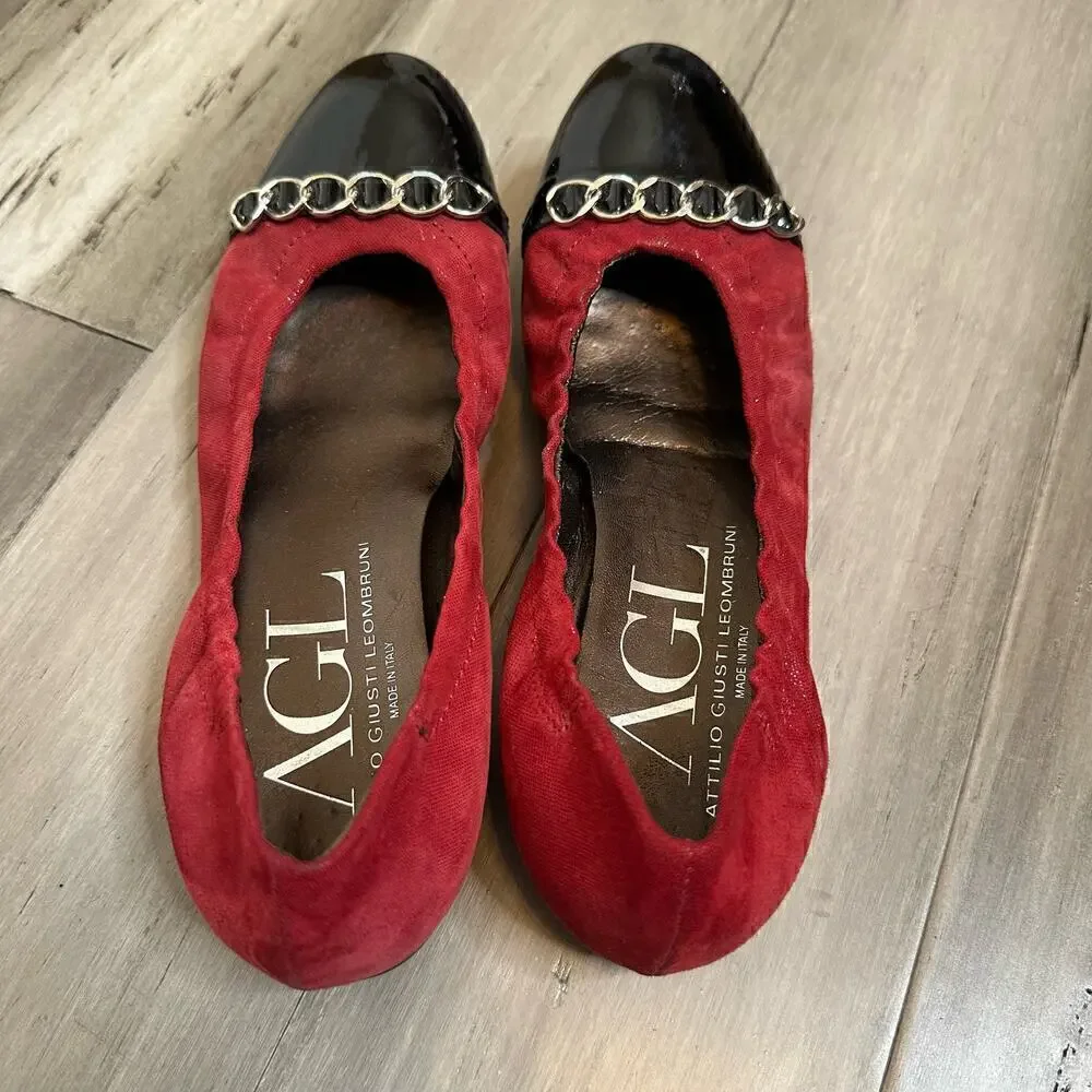 AGL Attilio Giusti Leombruni Patent Toe Ballet Flats Women's Red Black Size 38